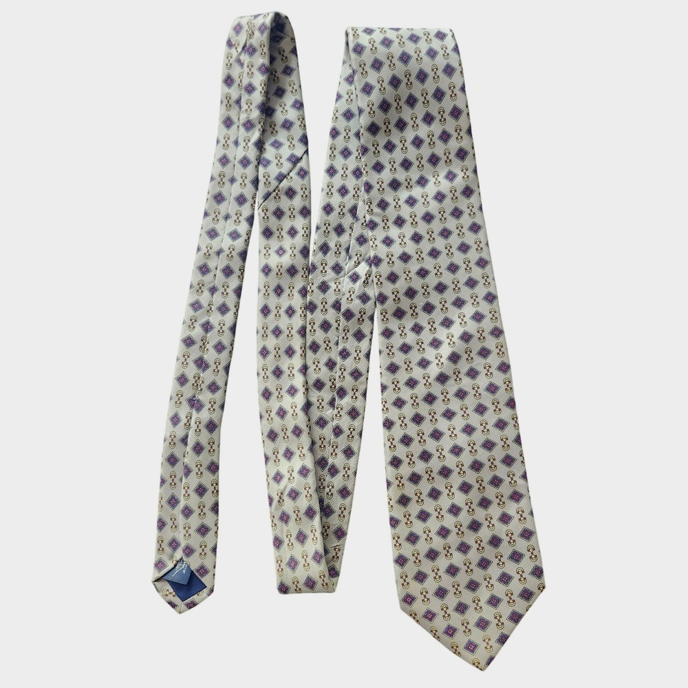 Vintage Pintail 100% Silk Tie Made USA Ivory Blue Red Geometric Preppy Necktie